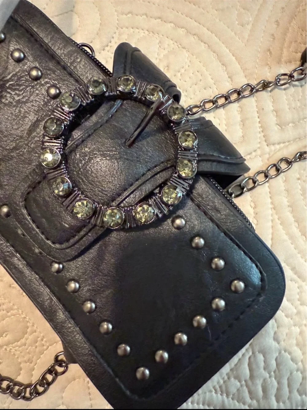 Black Rhinestone Studded Phone Belt Case - Unbranded